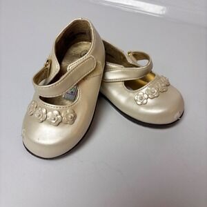 Vintage McKids toddler Girls Champagne Gold Floral Mary Jane Dress Shoes 4 90's